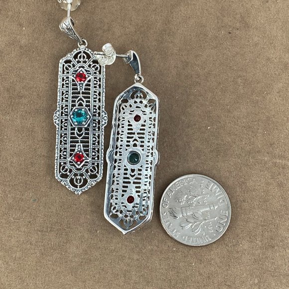 Natural 1CT TW Apatite & Fire Garnet 925 Silver Art Nouveau Filigree Earrings - Picture 5 of 6